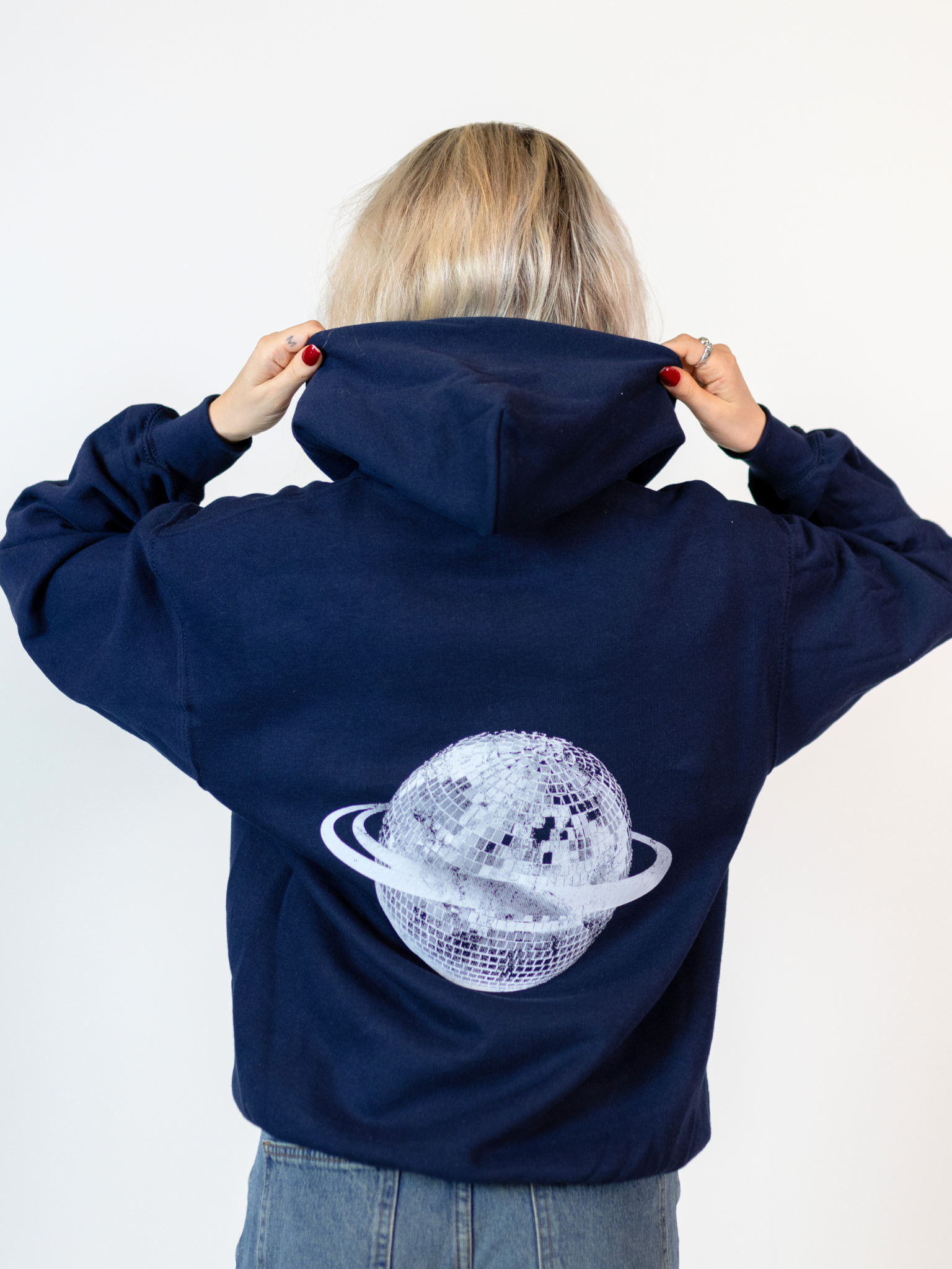 Planet Disco Hoodie Rygprint Navy Stilfuld Unik Dinvintageshop