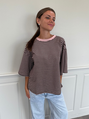 STRIPE TEE, SHORT SLEEVE - BROWN / LT PINK