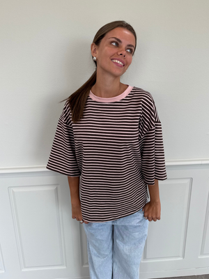 STRIPE TEE, SHORT SLEEVE - BROWN / LT PINK