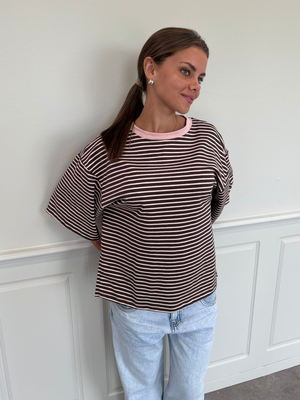 STRIPE TEE, SHORT SLEEVE - BROWN / LT PINK