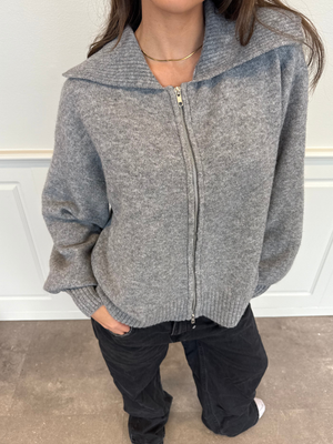 MALOU DOUBLE ZIP KNIT CARDIGAN - GREY MELANGE