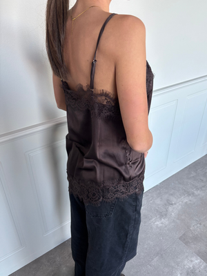 NOMI SATIN LACE TOP - HOT FUDGE