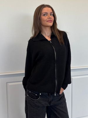 MALOU DOUBLE ZIP KNIT CARDIGAN - BLACK