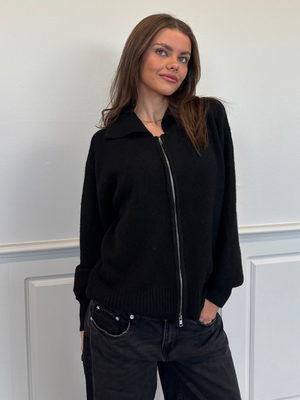 MALOU DOUBLE ZIP KNIT CARDIGAN - BLACK