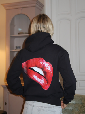 RED LIPS HOODIE - BLACK