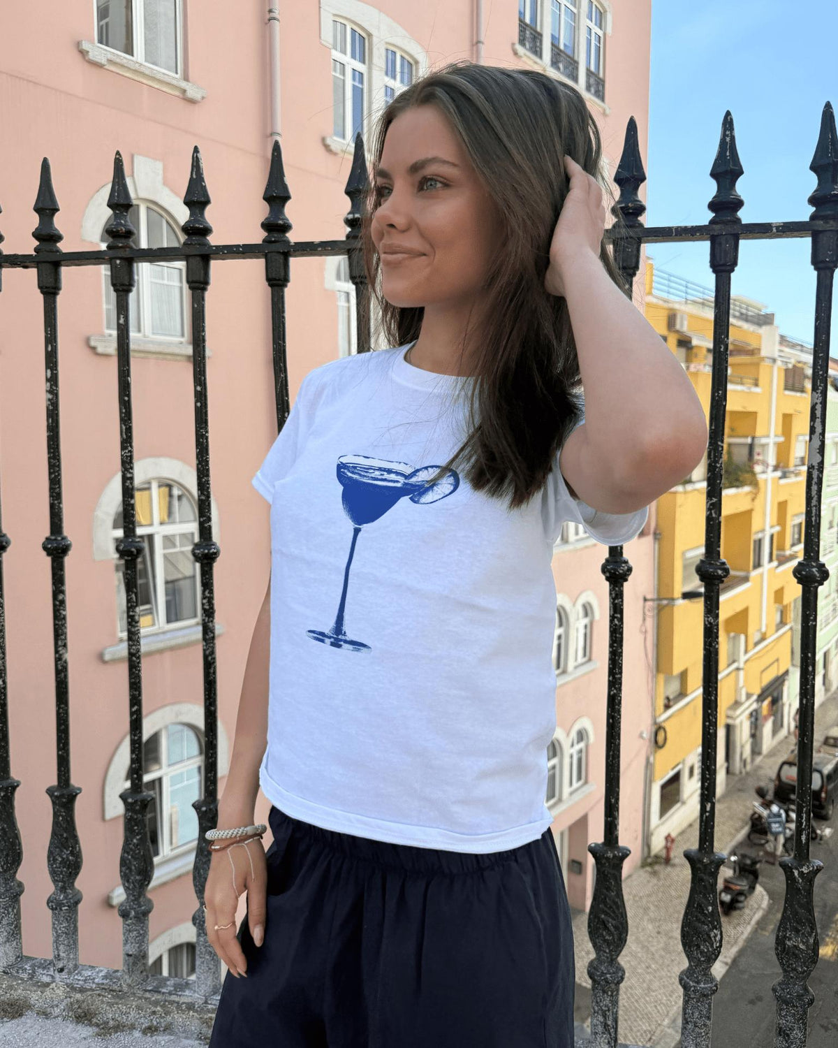 BLUE DRINK, BABY TEE - WHITE