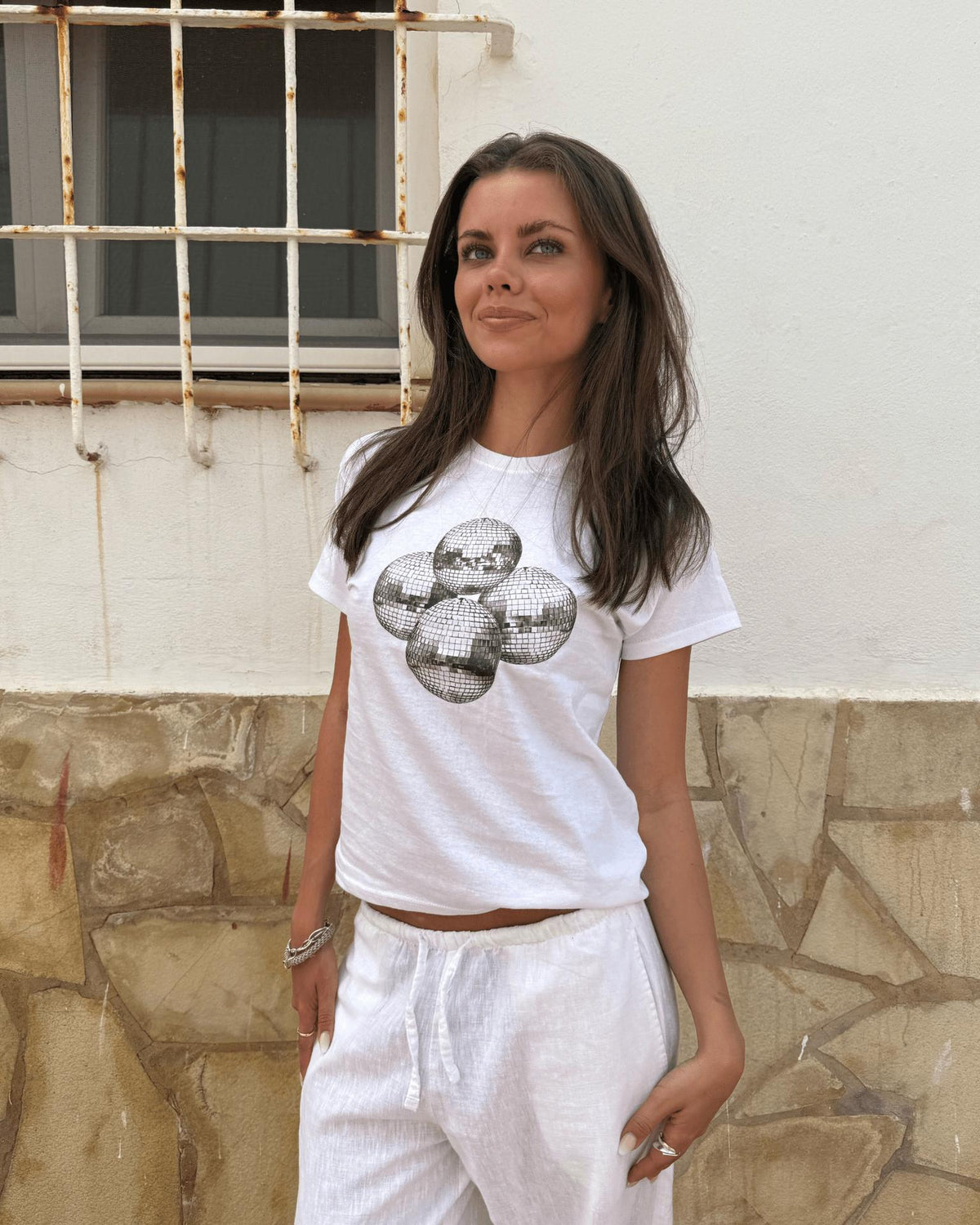 DISCO KUGLE (black), BABY TEE - WHITE