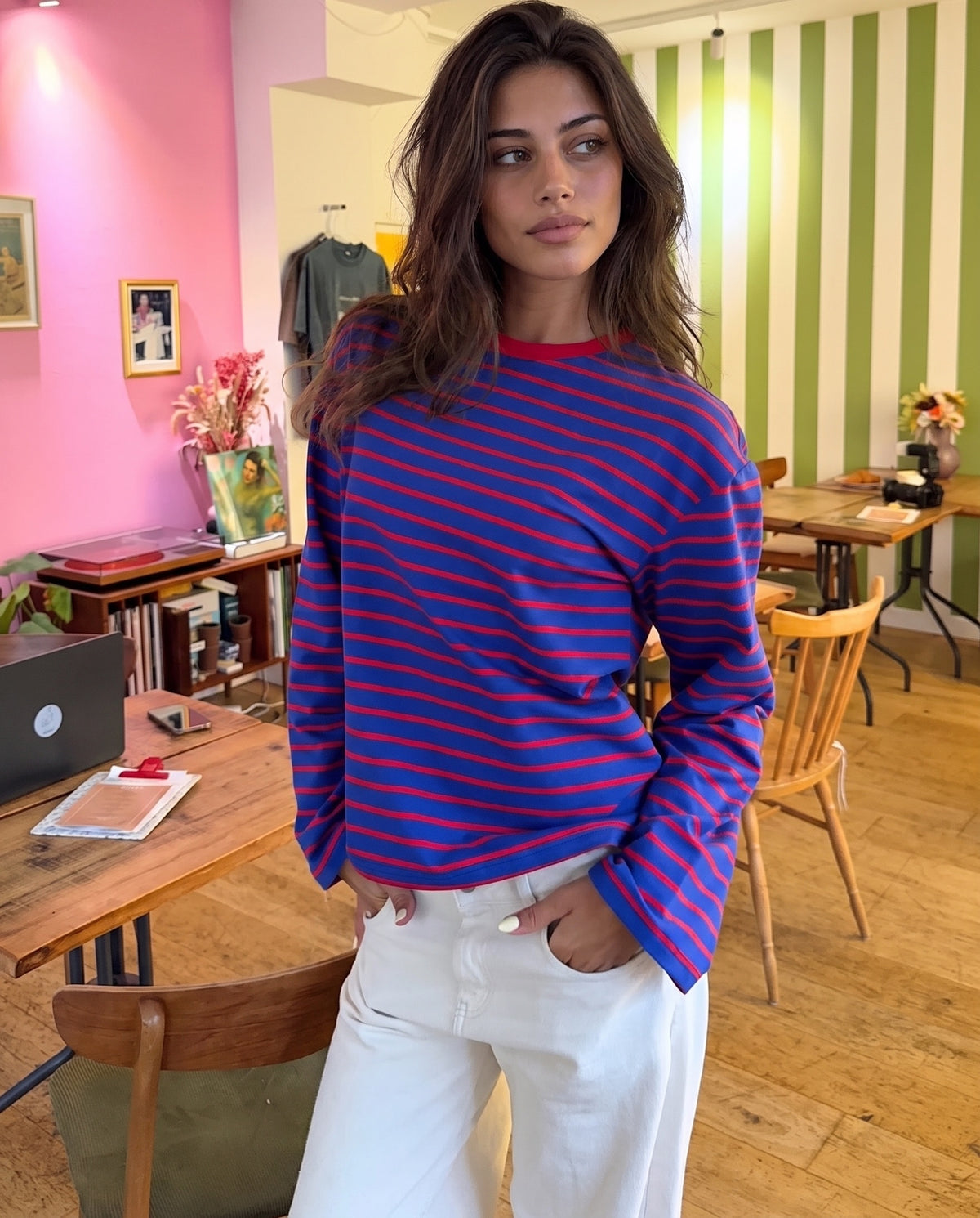 DINA STRIPE TEE (rygprint) - ROYAL BLUE/RED - Dinvintageshop