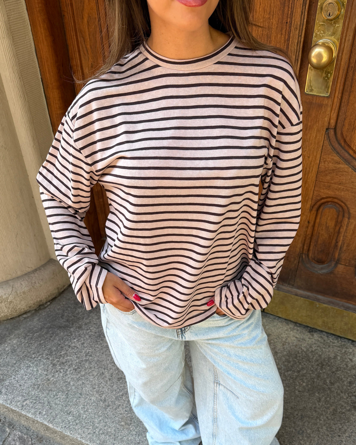 MALIA STRIPE TEE - BLUSH PINK/BROWN