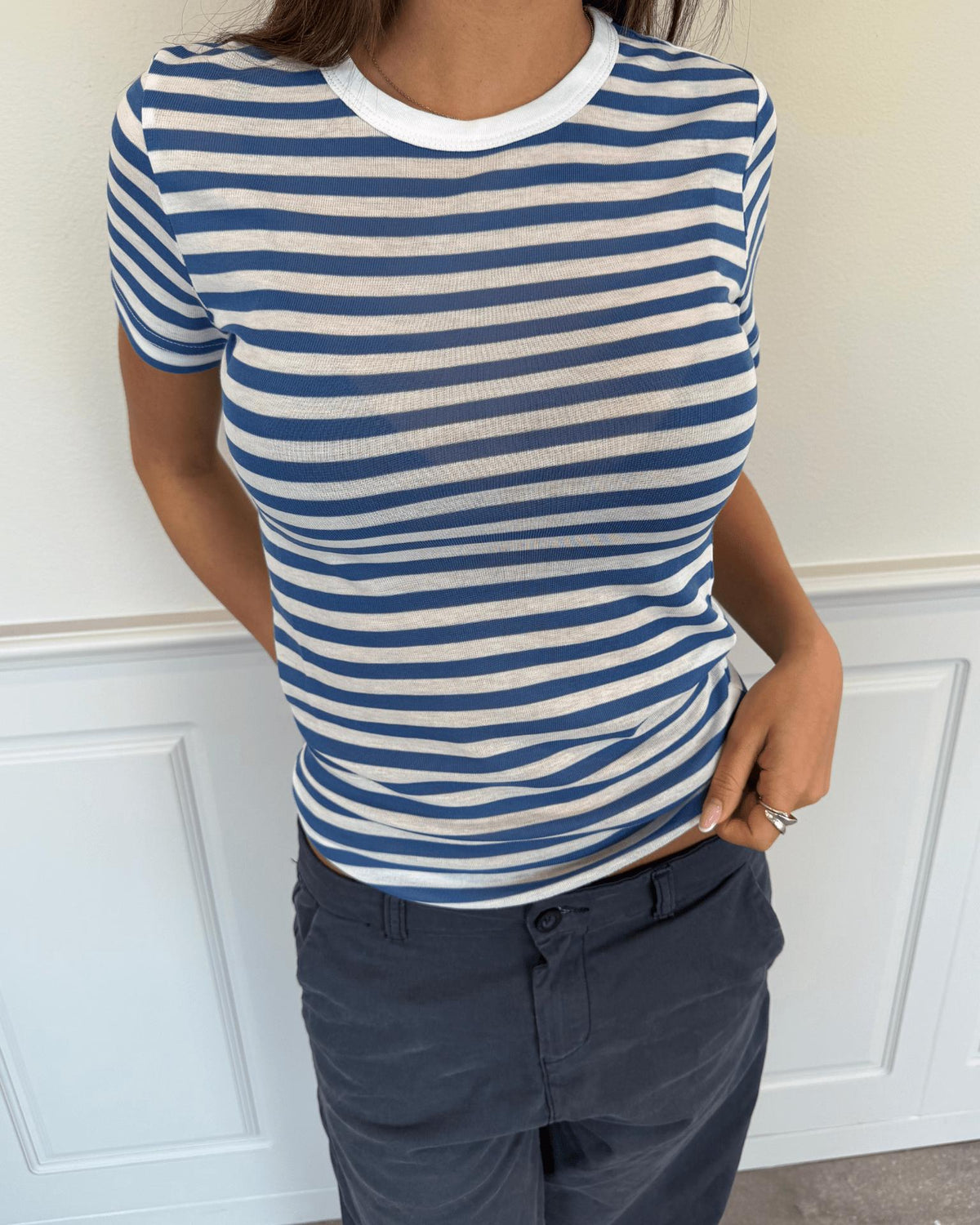 SIDSE KORTÆRMET T-SHIRT - WHITE/BLUE STRIPE